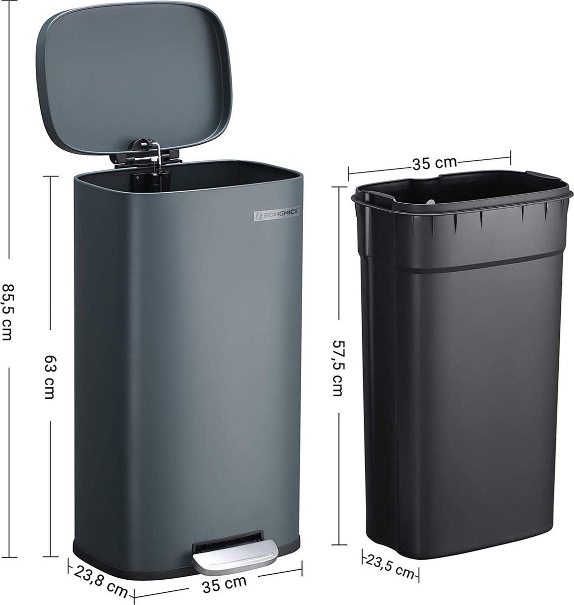 Pedalspand 30 liter - soft close låg - Grå - Skraldespand -
