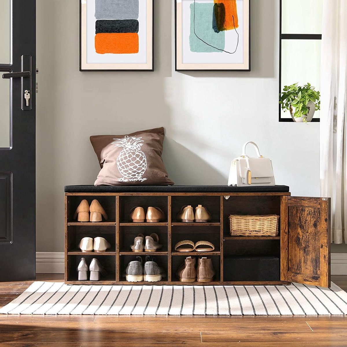 Skobænk med polstret sæde i vintage design - skoreol -