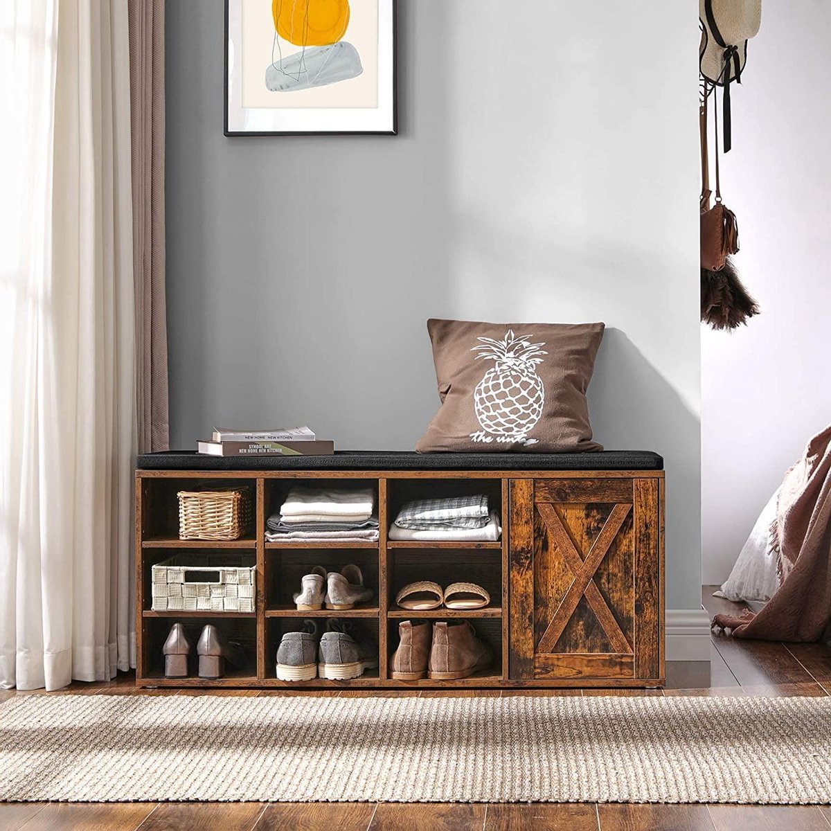 Skobænk med polstret sæde i vintage design - skoreol -