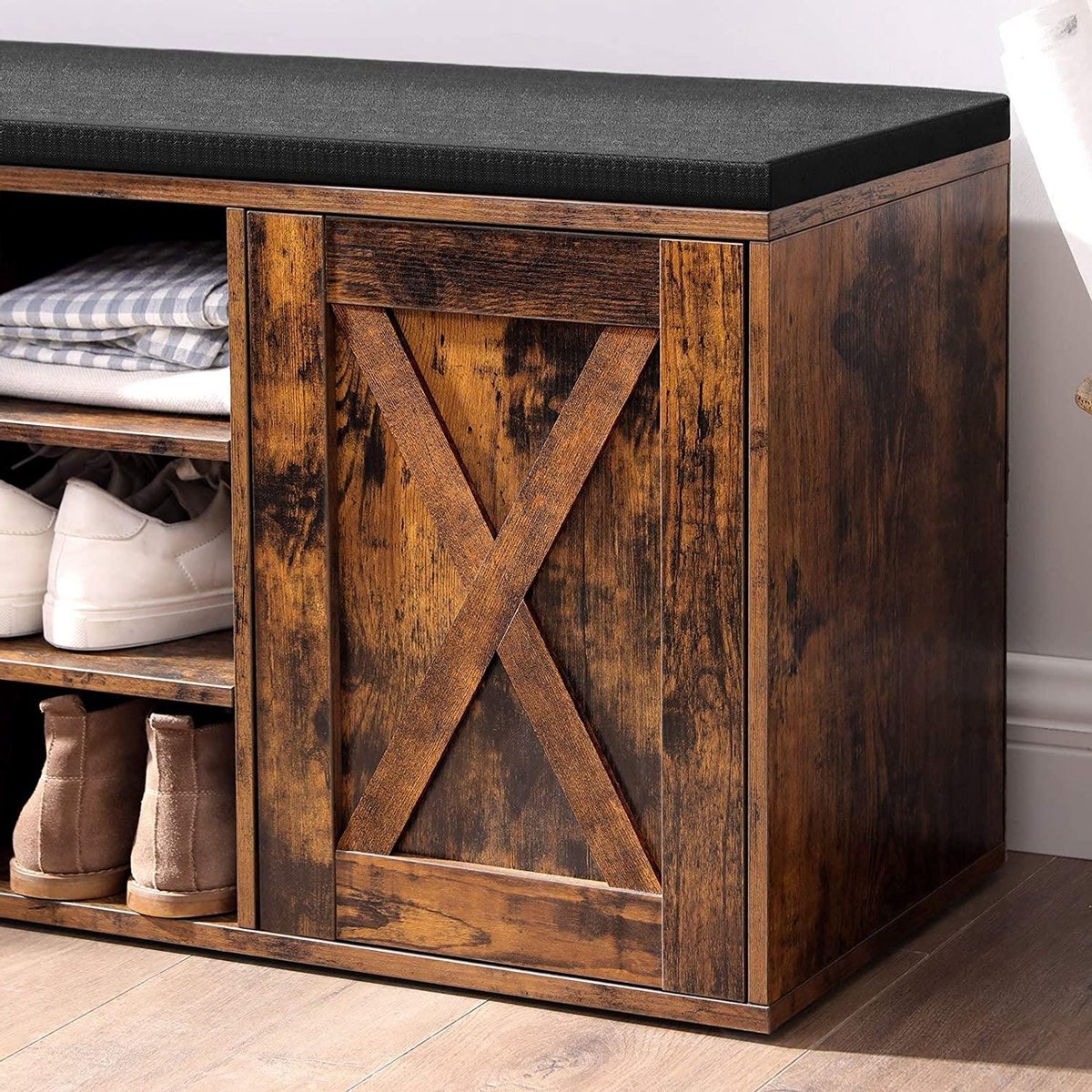 Skobænk med polstret sæde i vintage design - skoreol -