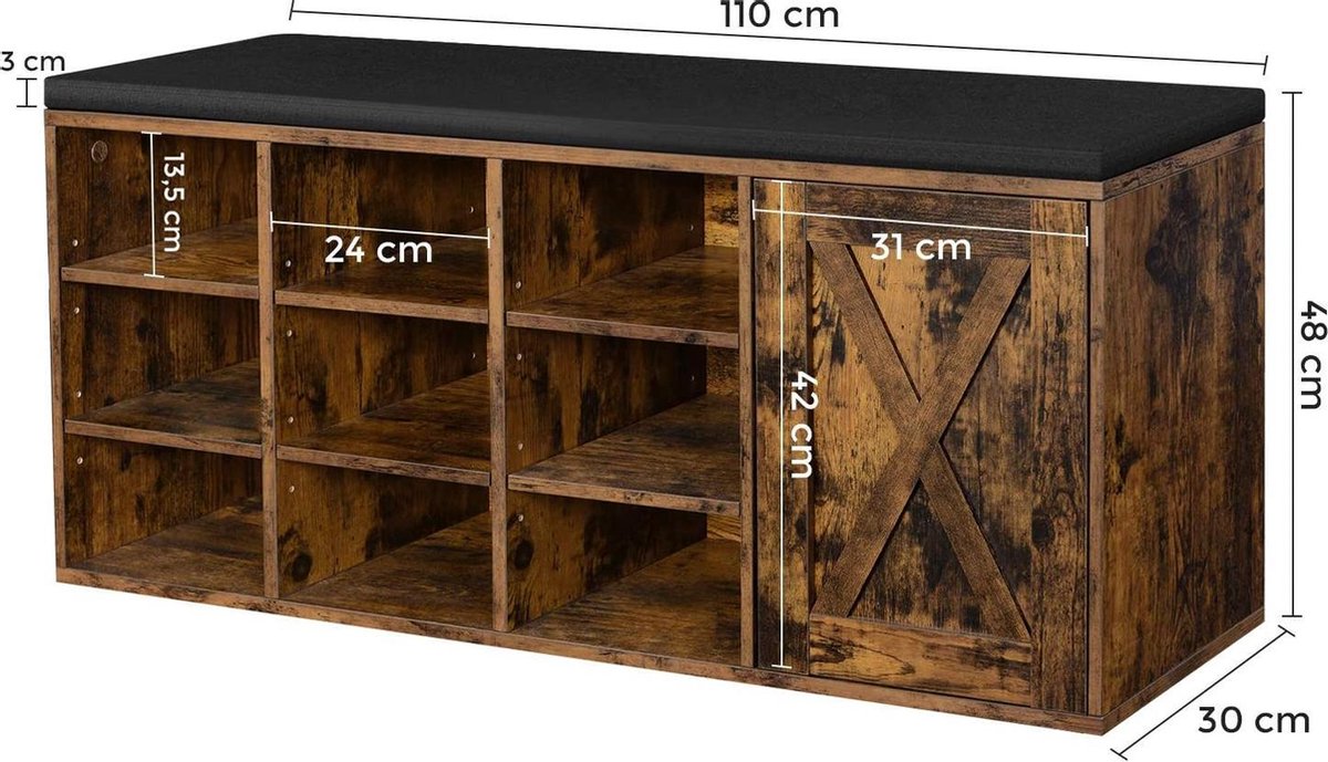 Skobænk med polstret sæde i vintage design - skoreol -