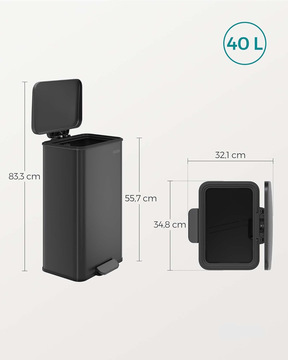 Pedalspand 40 L i Stål med Soft Close - Sort - Skraldespand -