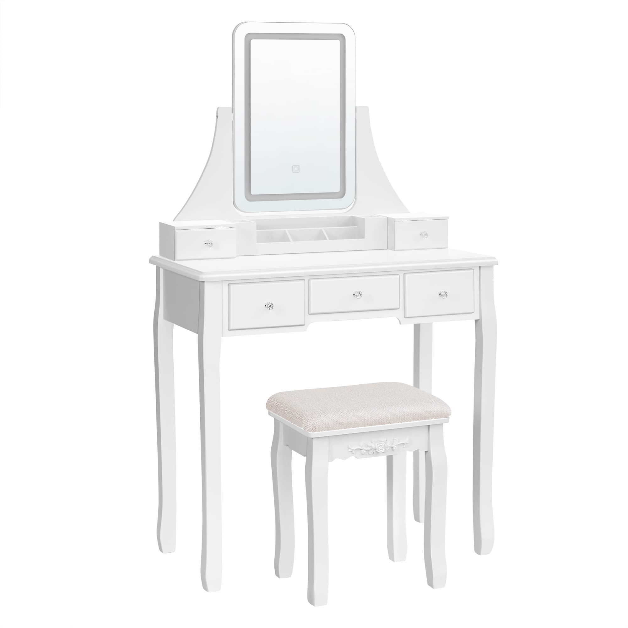 Sminkebord i klassisk design med spejl, lys og taburet - Hvid - -