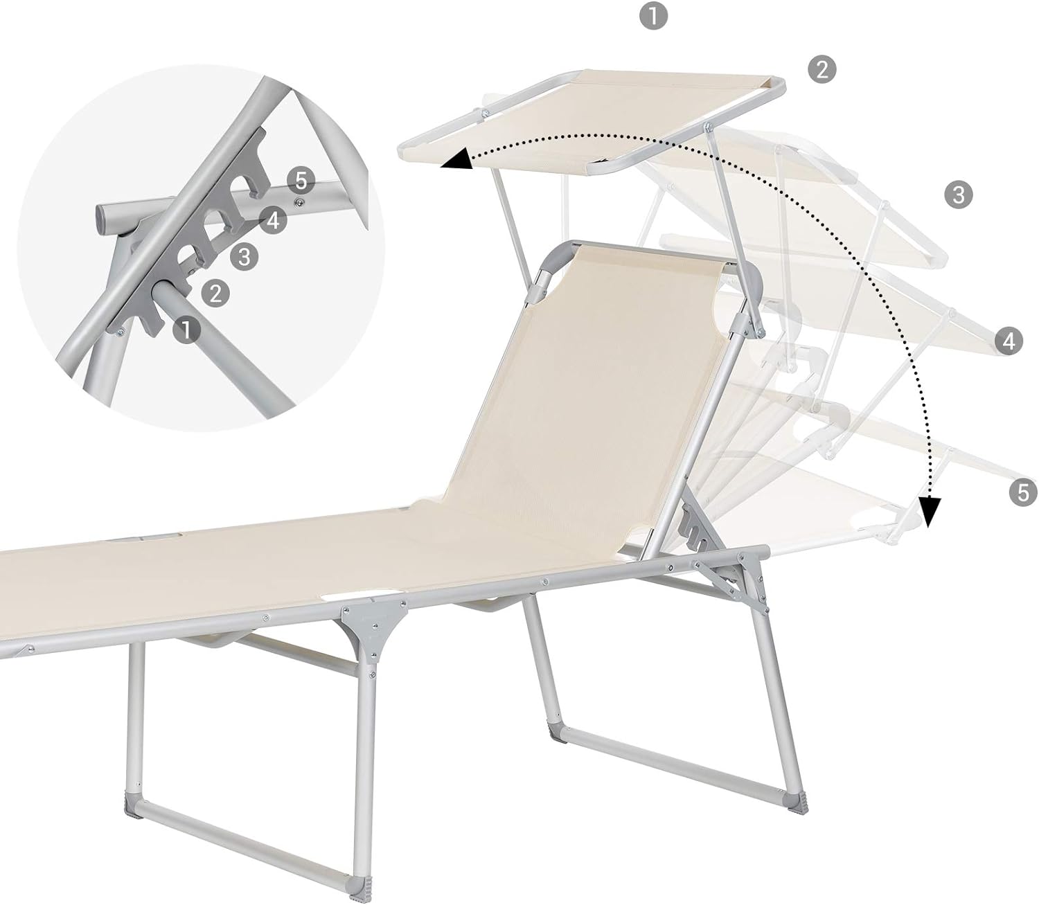 Solseng - SONGMICS Sun Lounger, Foldbar og Justerbar, 65 x 200 x 48 cm, Beige - Solsenge -