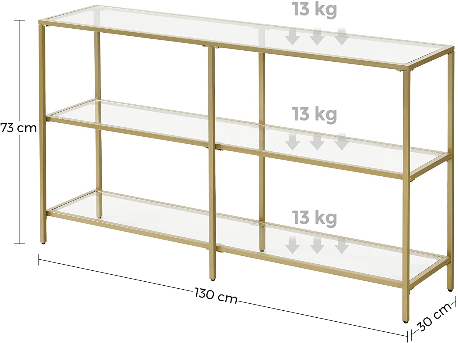 Konsolbord med glasplade og guldramme - m. 3 hylder (stor model) - Konsolbord -