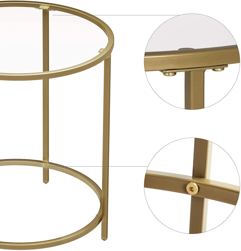 Sidebord i rundt design m. guldramme og glasplade
