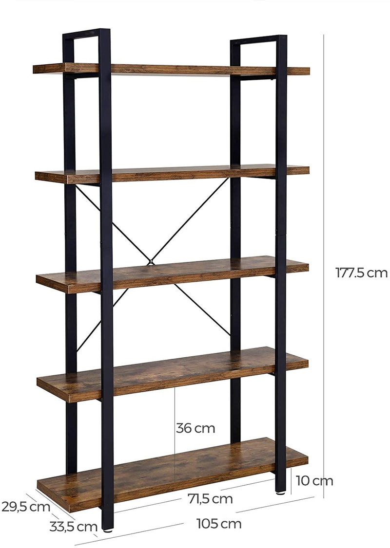 Bogreol m. 5 hylder i industrielt design (stor model) - Reol -
