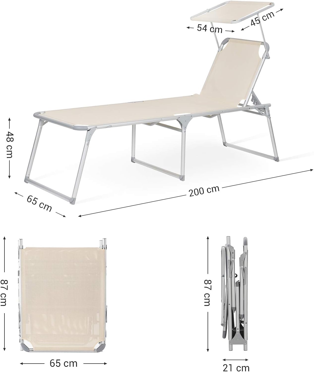 Solseng - SONGMICS Sun Lounger, Foldbar og Justerbar, 65 x 200 x 48 cm, Beige - Solsenge -