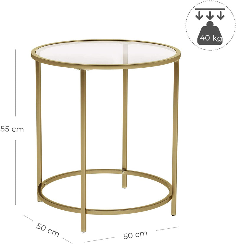 Sidebord i rundt design m. guldramme og glasplade