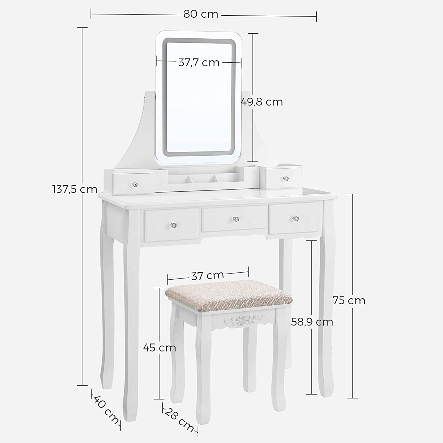 Sminkebord i klassisk design med spejl, lys og taburet - Hvid - -