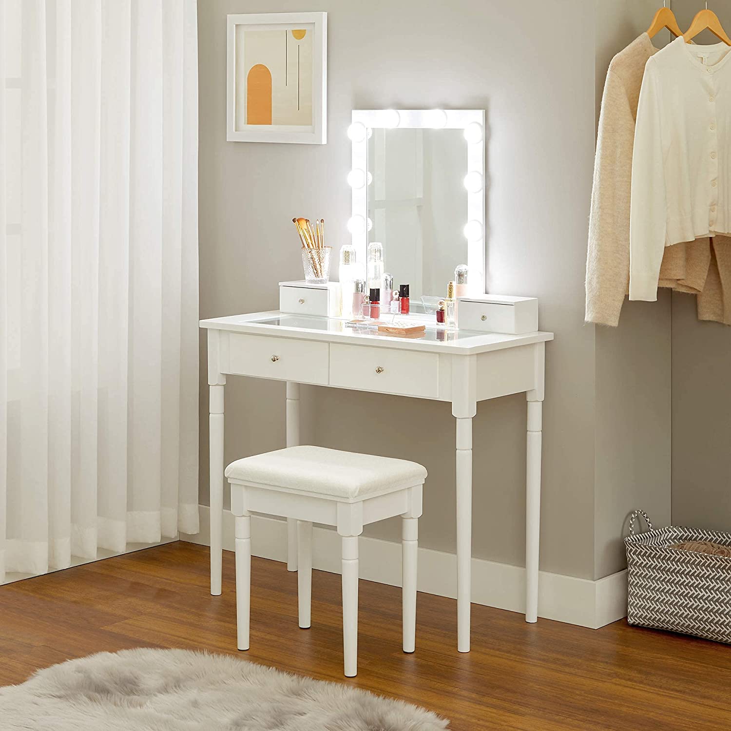 Sminkebord i elegant design med spejl, lys og taburet - Hvid - -