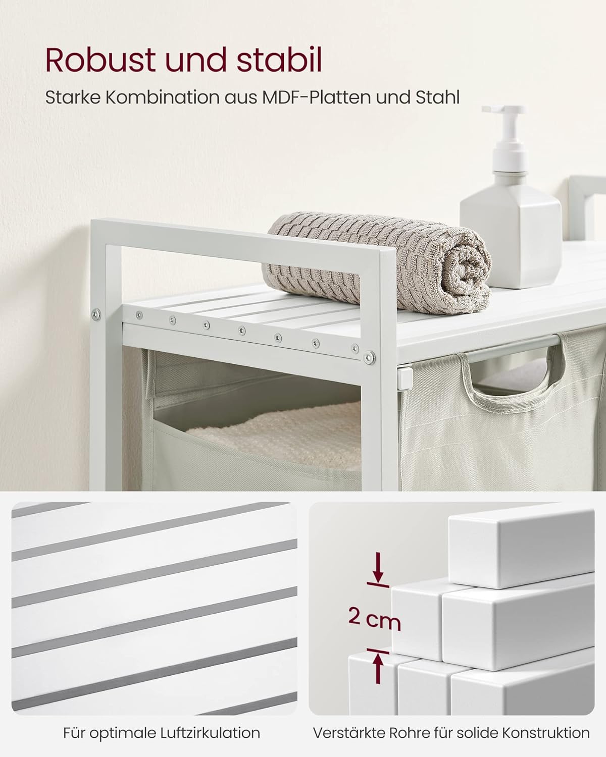 Vasketøjskurv med 2 rum, 73 x 33 x 72 cm - Hvid - Vasketøjskurv -