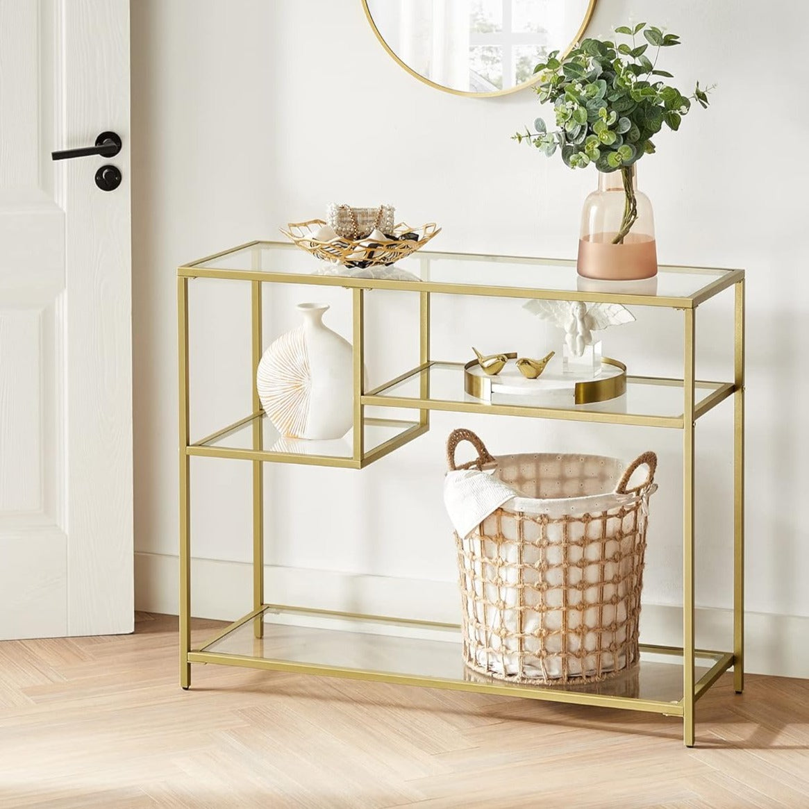 Konsolbord med glasplade og guldramme - m. forskudte hylder - Konsolbord -