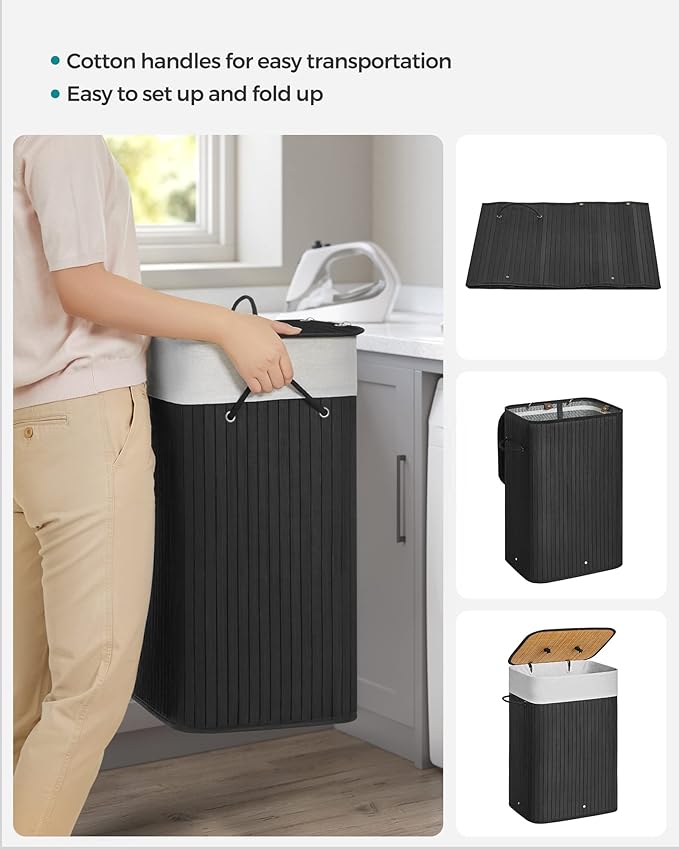 Bambus vasketøjskurv m. pose - Sort - Vasketøjskurv -