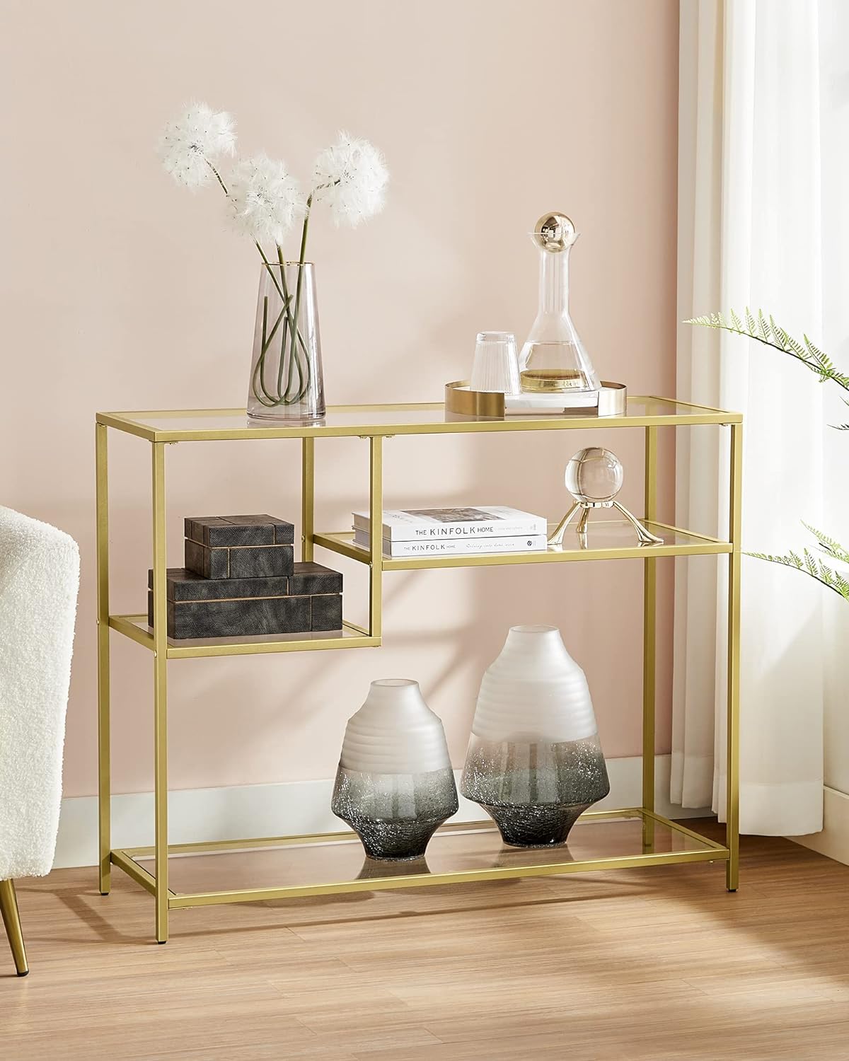 Konsolbord med glasplade og guldramme - m. forskudte hylder - Konsolbord -