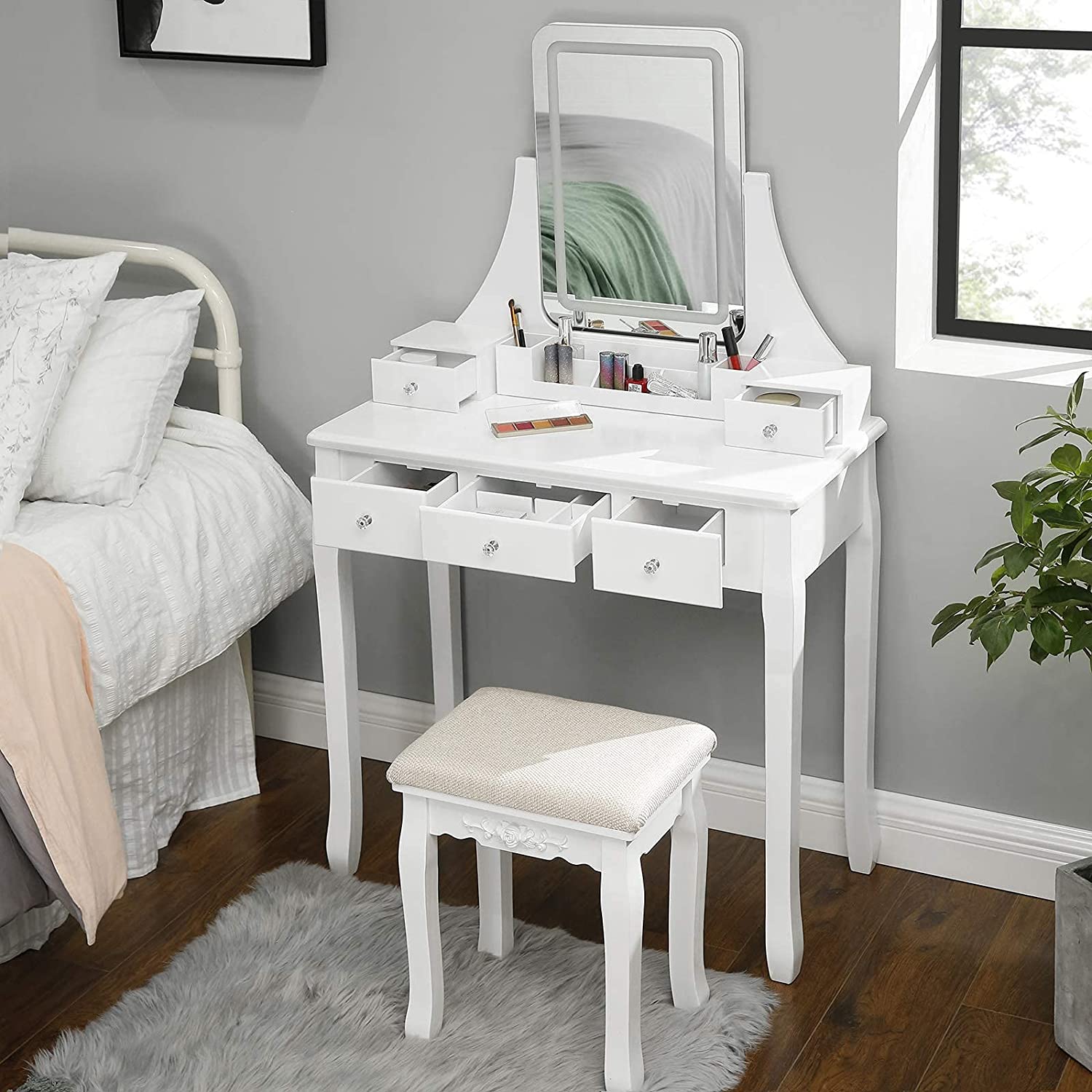 Sminkebord i klassisk design med spejl, lys og taburet - Hvid - -