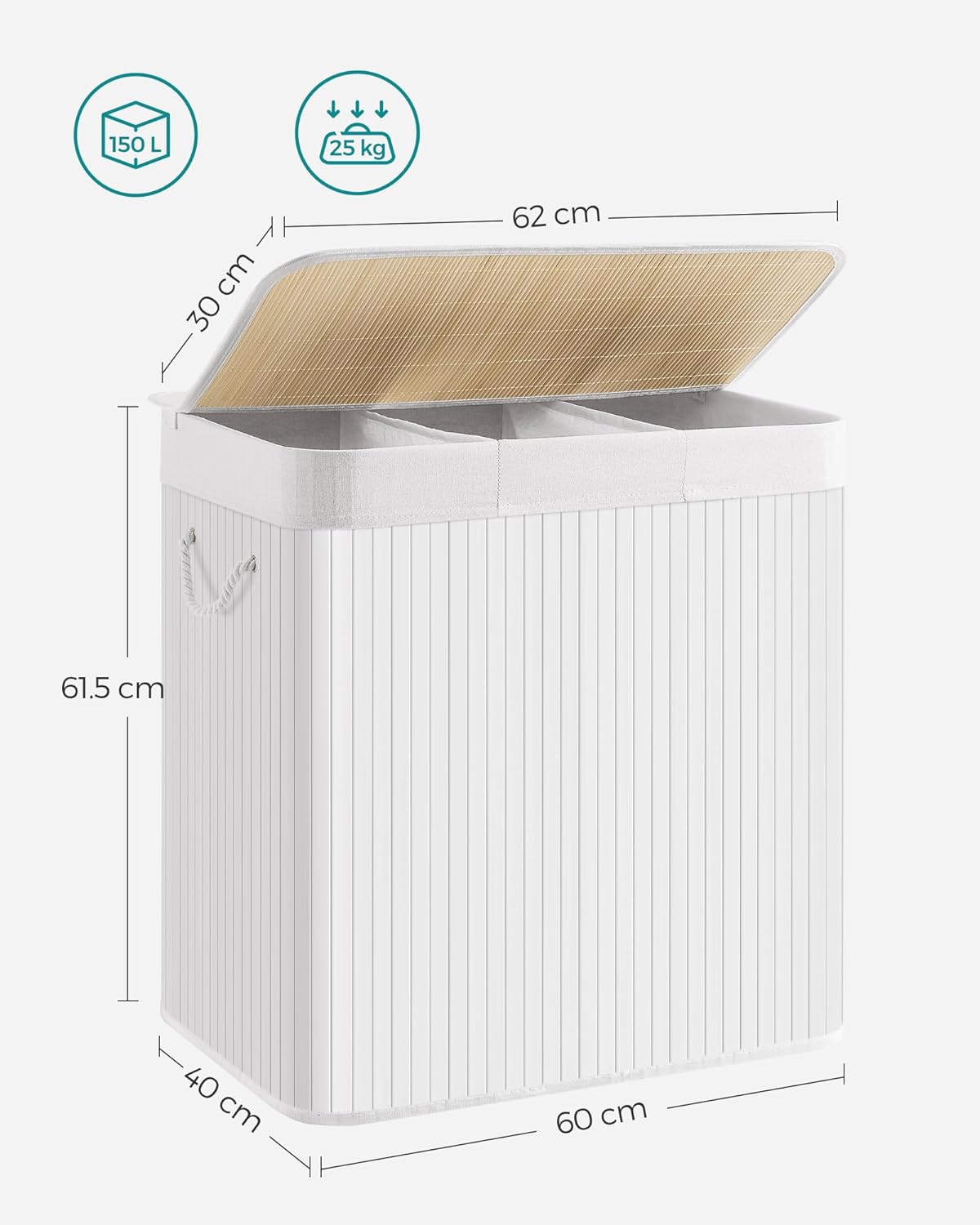 Triple vasketøjskurv - Bambus/Hvid - Vasketøjskurv -