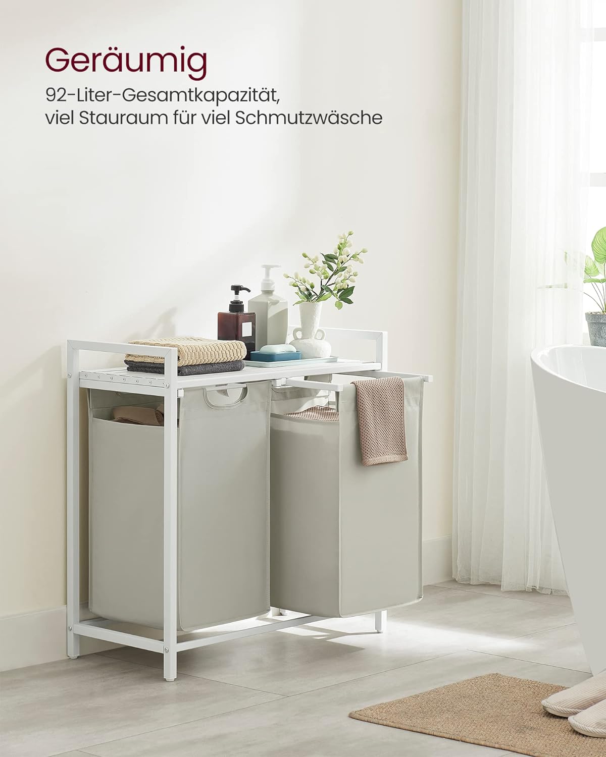 Vasketøjskurv med 2 rum, 73 x 33 x 72 cm - Hvid - Vasketøjskurv -