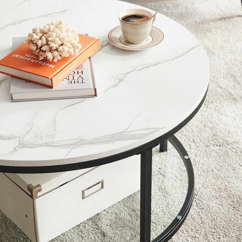 Sofabord i rundt design m. sort ramme og hvid marmor look - Sofabord -