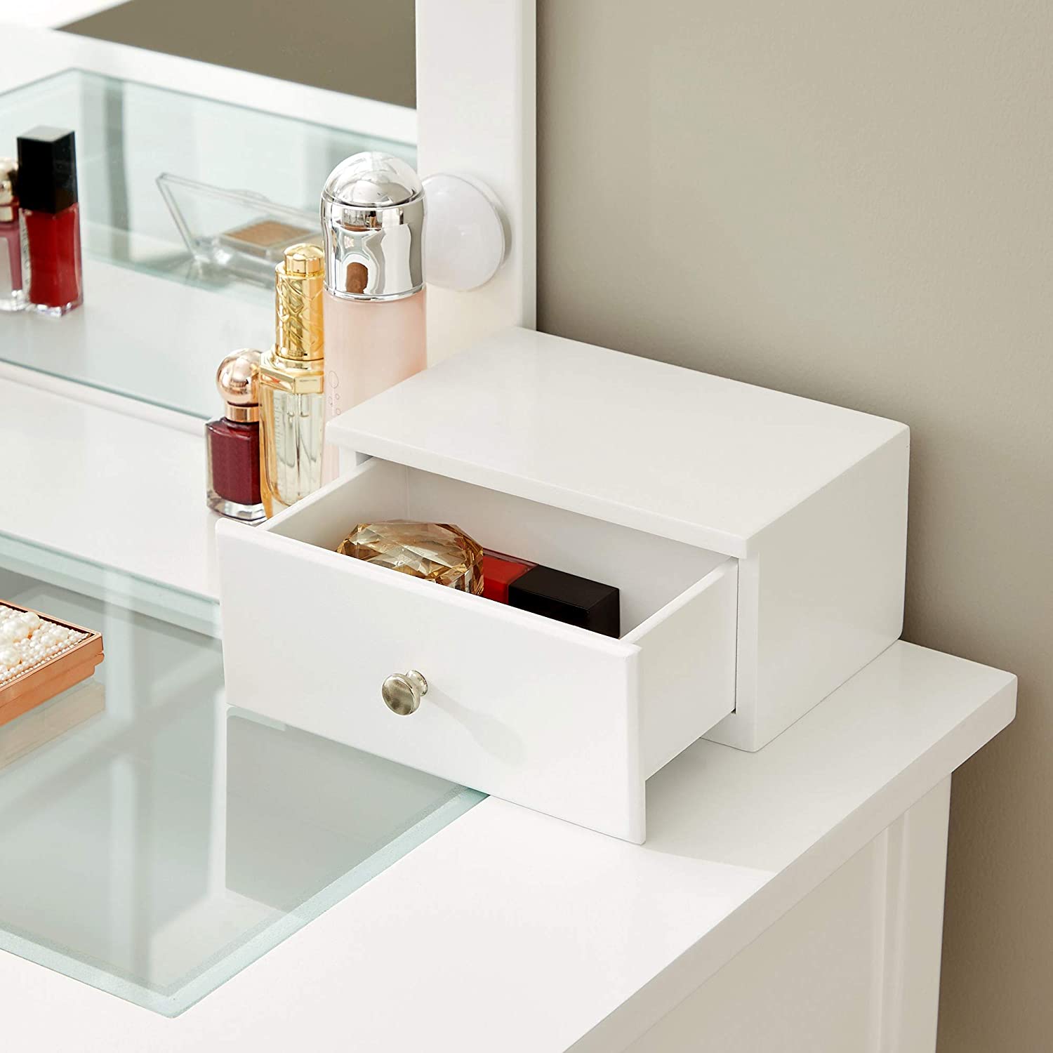 Sminkebord i elegant design med spejl, lys og taburet - Hvid - -
