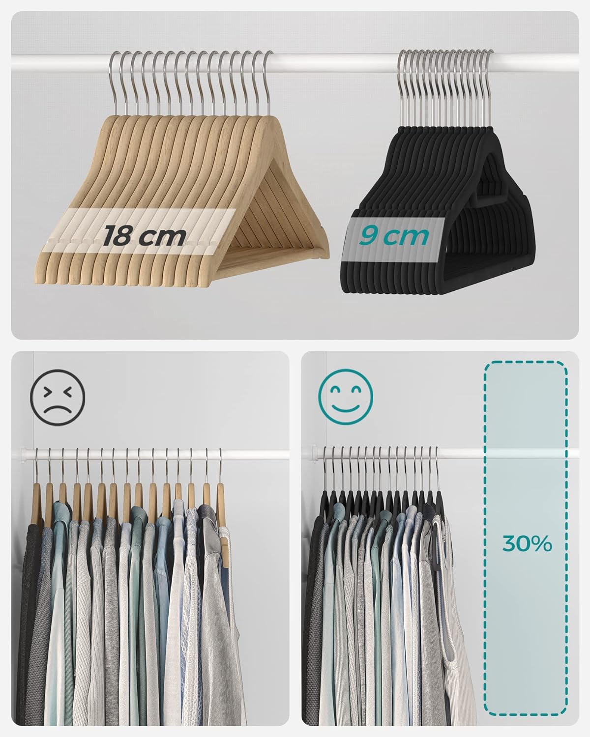 50 x bøjler i plast m. velour - Sort - Tøjbøjer -