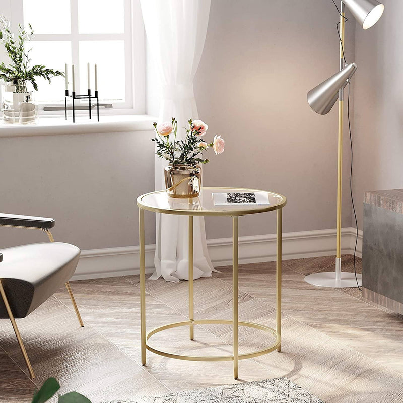Sidebord i rundt design m. guldramme og glasplade