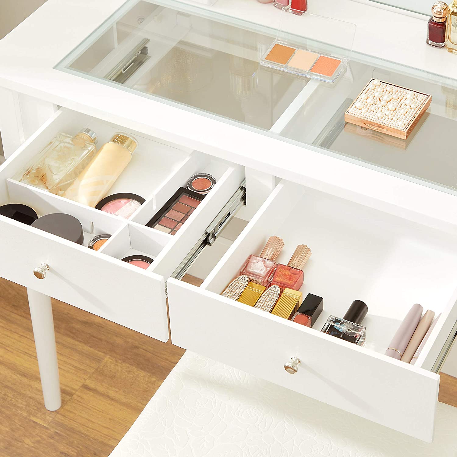 Sminkebord i elegant design med spejl, lys og taburet - Hvid - -