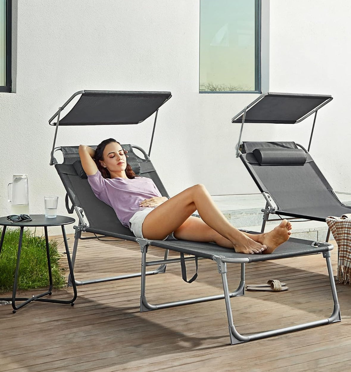 Solseng med vippefunktion - med solskærm - rustfrit stål - Grå - Solsenge -