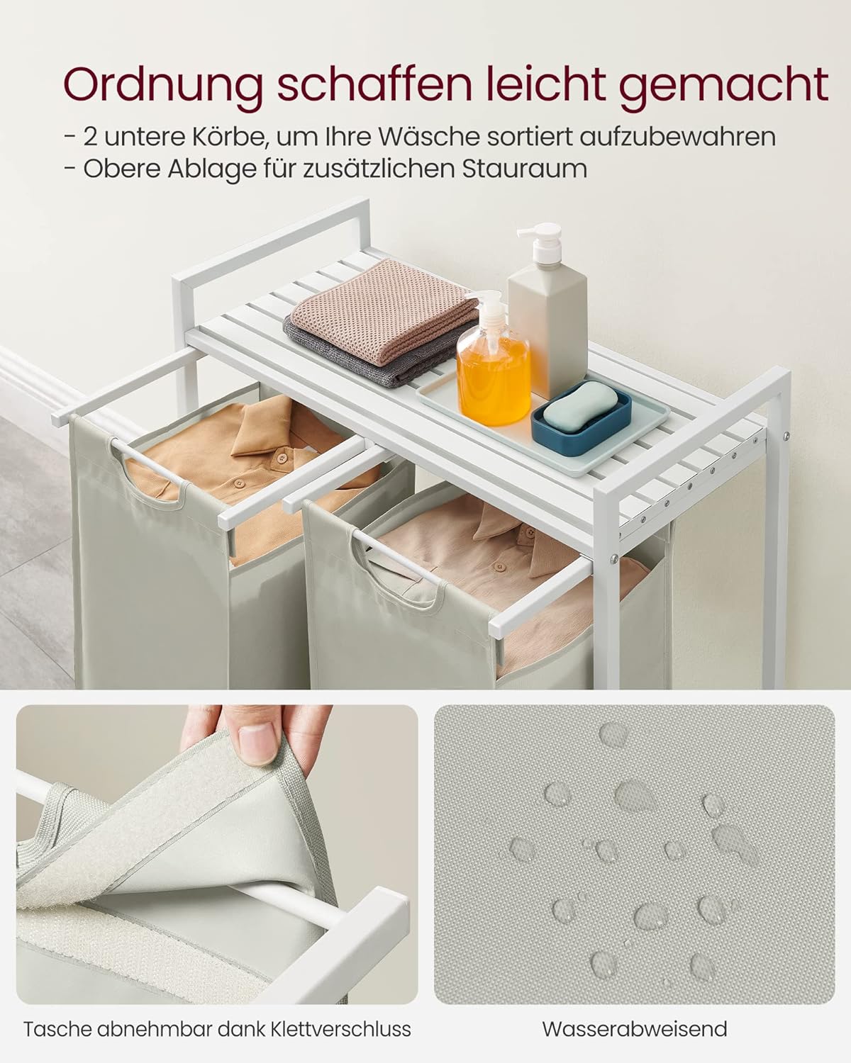 Vasketøjskurv med 2 rum, 73 x 33 x 72 cm - Hvid - Vasketøjskurv -