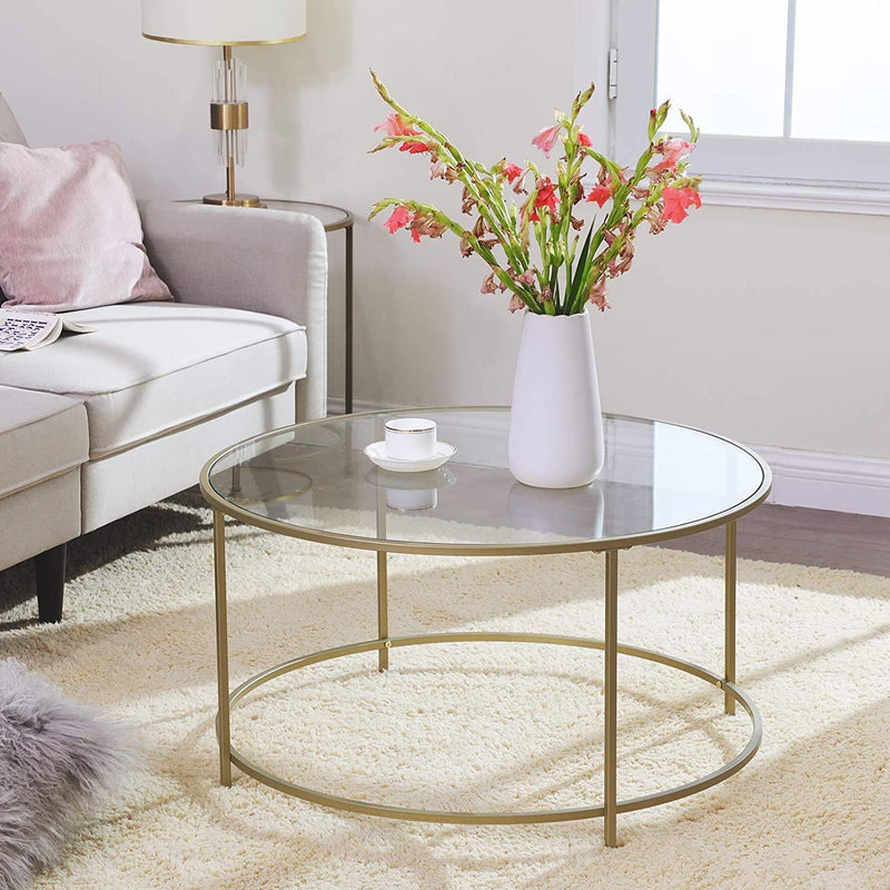 Sofabord i rundt design m. guldramme og glasplade - Sofabord -