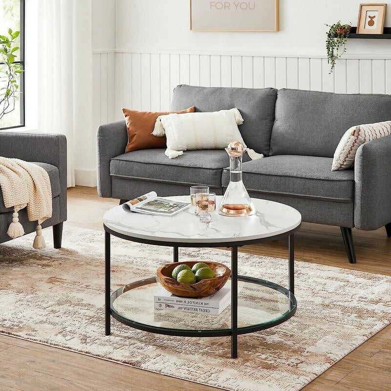 Sofabord i rundt design m. sort ramme og hvid marmor look - Sofabord -
