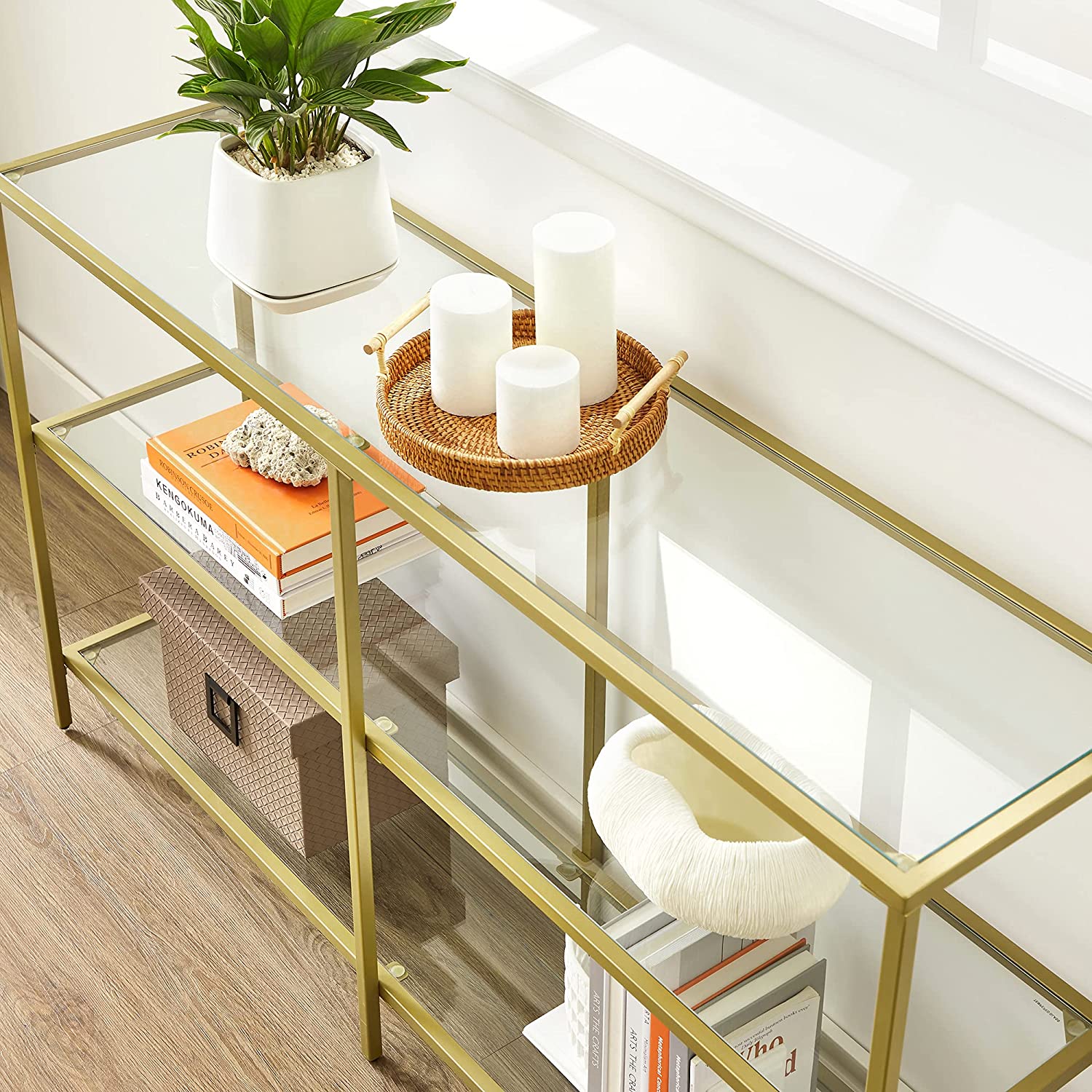 Konsolbord med glasplade og guldramme - m. 3 hylder (stor model) - Konsolbord -