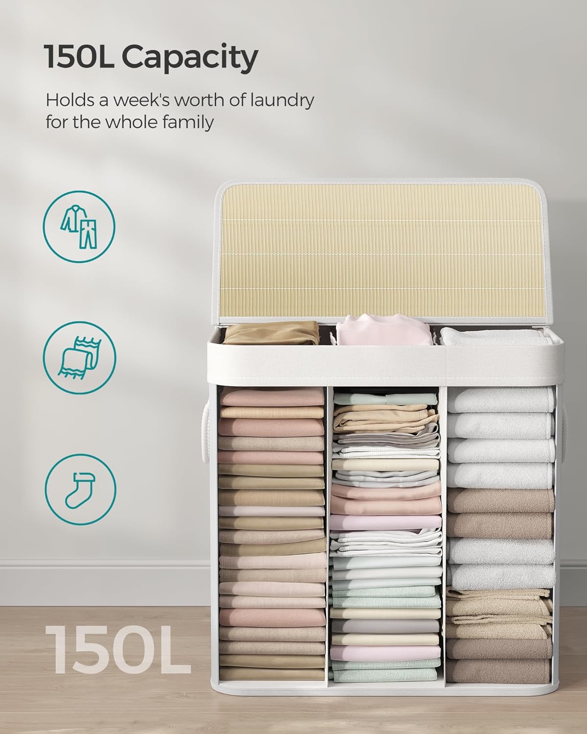 Triple vasketøjskurv - Bambus/Hvid - Vasketøjskurv -