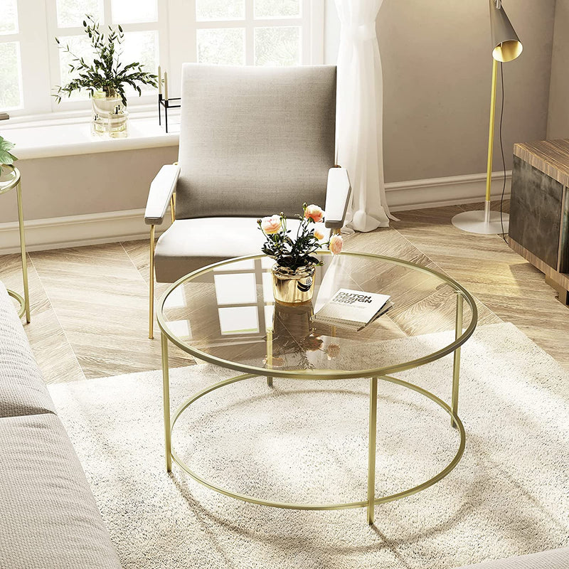 Sofabord i rundt design m. guldramme og glasplade - Sofabord -