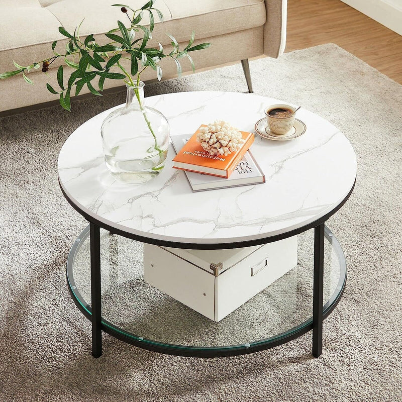 Sofabord i rundt design m. sort ramme og hvid marmor look - Sofabord -