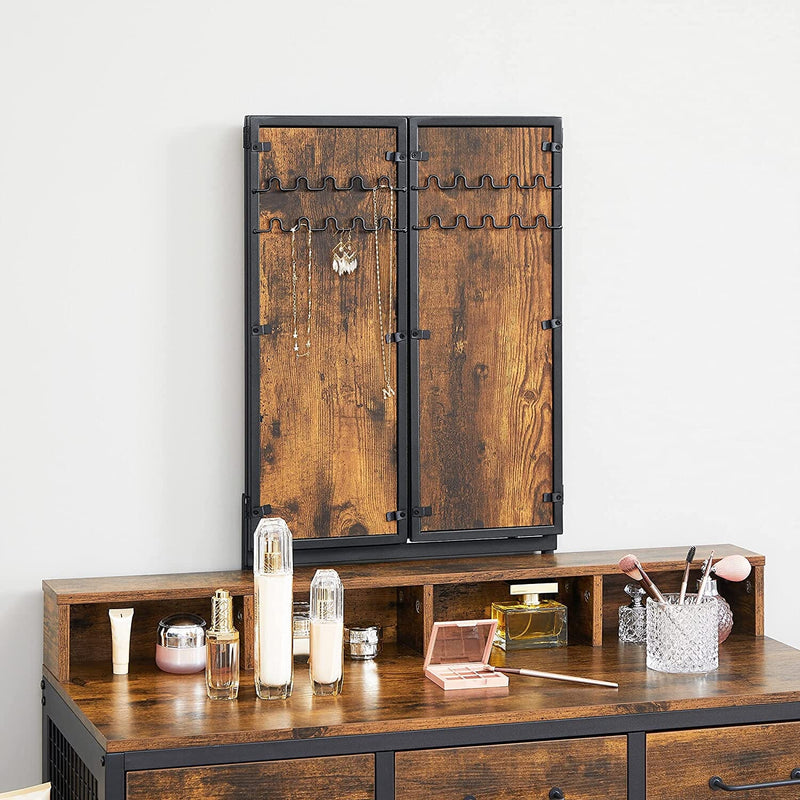 Sminkebord med trefoldsspejl, skuffer og taburet - sort/vintage brun - -