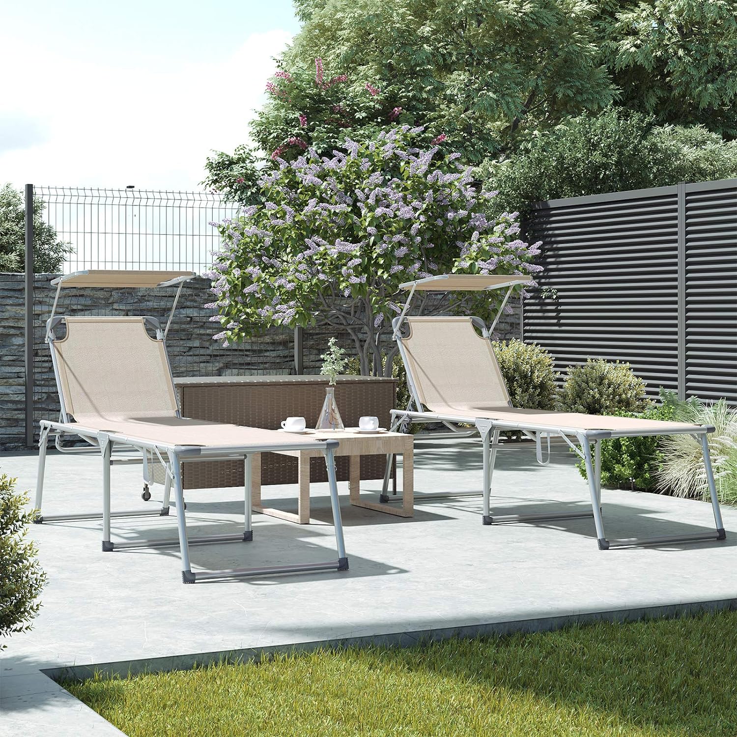 Solseng - SONGMICS Sun Lounger, Foldbar og Justerbar, 65 x 200 x 48 cm, Beige - Solsenge -