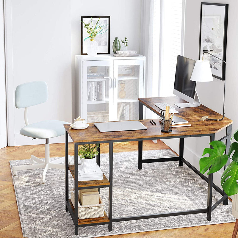 Hjørneskrivebord i rustikt design m. hylder - Skrivebord -