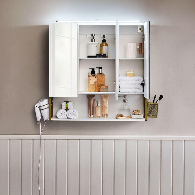 Badeværelsesskab med lys i elegant hvid/guld design - Badeværelsesskab -