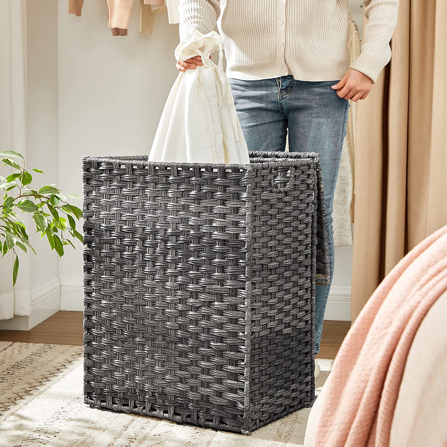 Vasketøjskurv i flet design - Grå 90L - Laundry baskets -