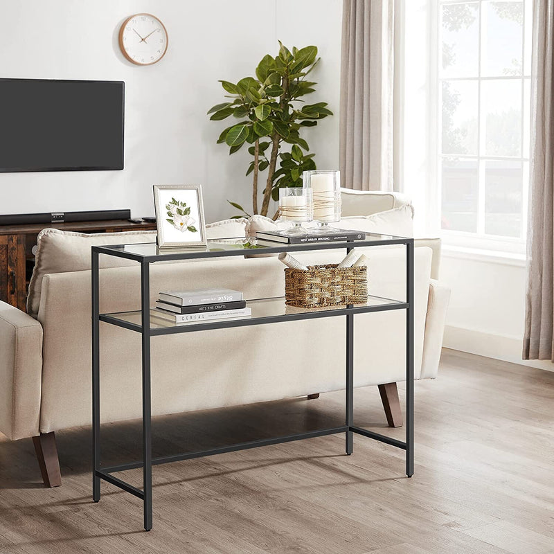 Konsolbord med glasplade og sort ramme - m. 2 hylder - Konsolbord -