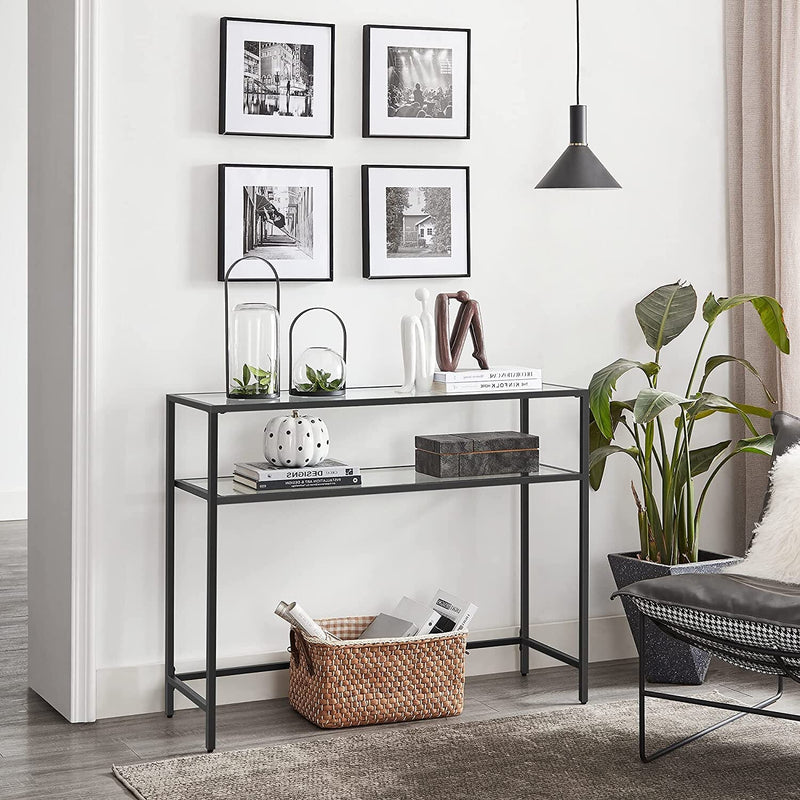 Konsolbord med glasplade og sort ramme - m. 2 hylder - Konsolbord -