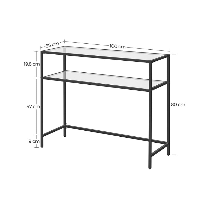 Konsolbord med glasplade og sort ramme - m. 2 hylder - Konsolbord -
