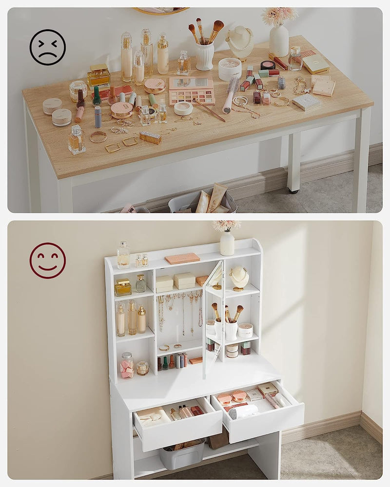 Sminkebord med spejl og hylder - Hvid (stor model) - -