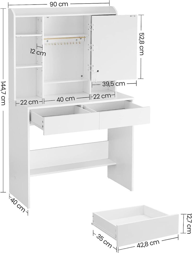 Sminkebord med spejl og hylder - Hvid (stor model) - -