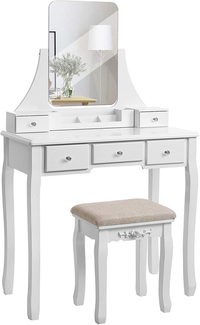 Sminkebord i klassisk design med spejl, lys og taburet - Hvid - -