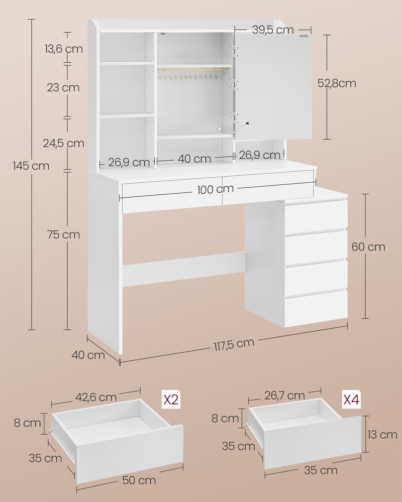 Sminkebord med spejl og hylder - Hvid (luksus model) - -
