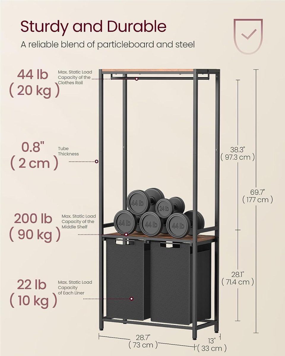 Vasketøjskurv med to rum, to hylder og bøjlestang - Vasketøjskurv -