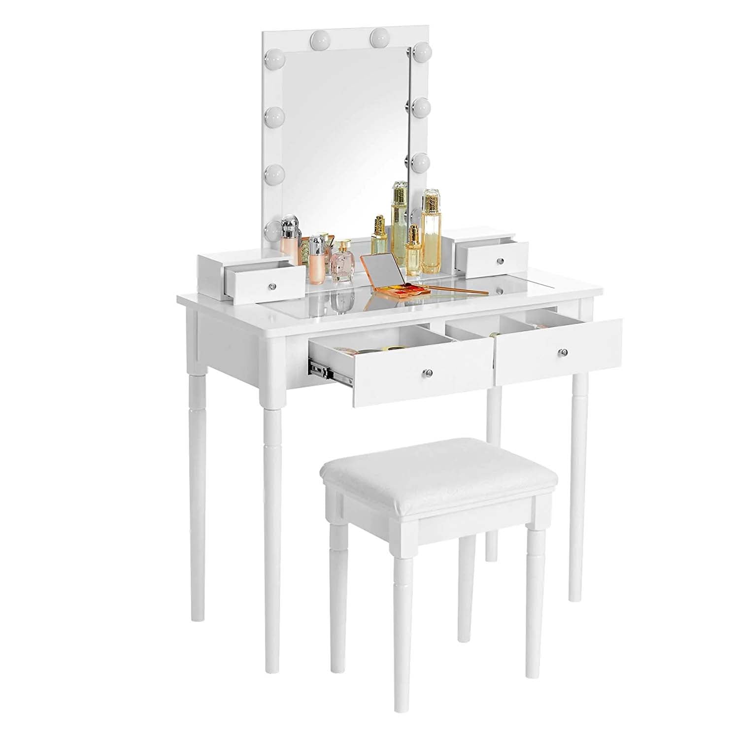Sminkebord i elegant design med spejl, lys og taburet - Hvid - -