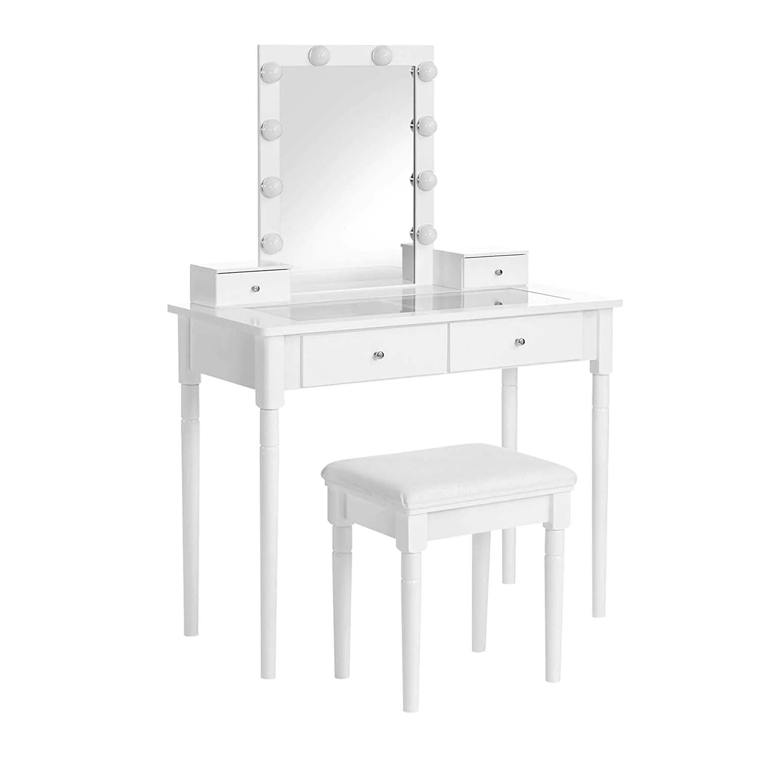 Sminkebord i elegant design med spejl, lys og taburet - Hvid - -